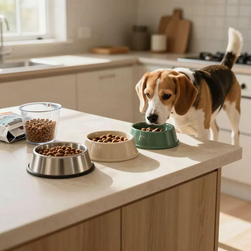 Junger Beagle vor drei Hundefutterschalen auf heller Kücheninsel im Morgenlicht.