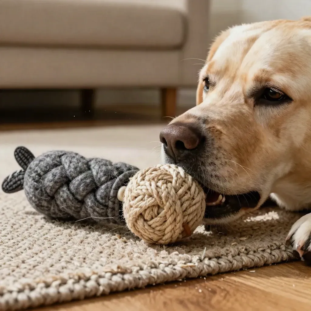 Labrador schnuppert an Spielzeugball und Katzenspielzeug auf hellem Teppich im Abendlicht