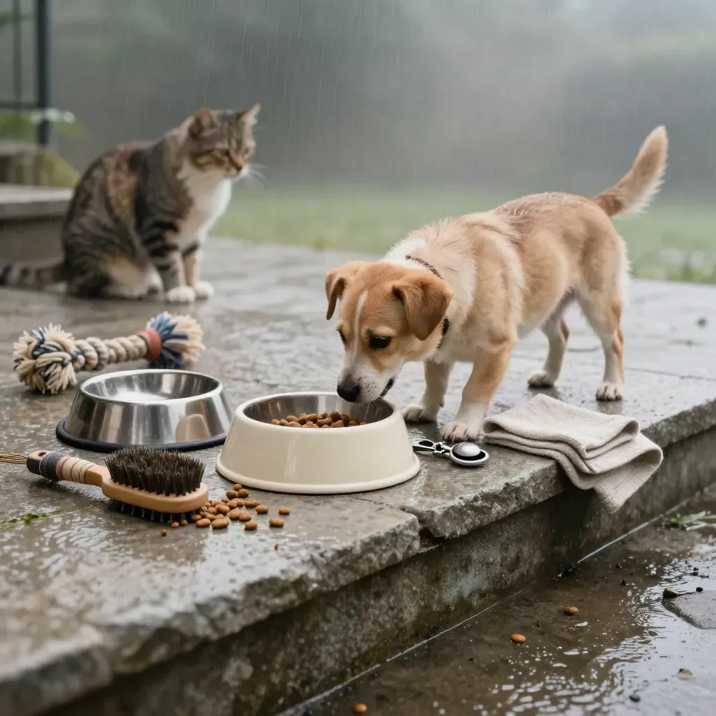 Hund greift nach Futterschale, Katze schaut zu, Haustier-Accessoires auf nassem Stein.