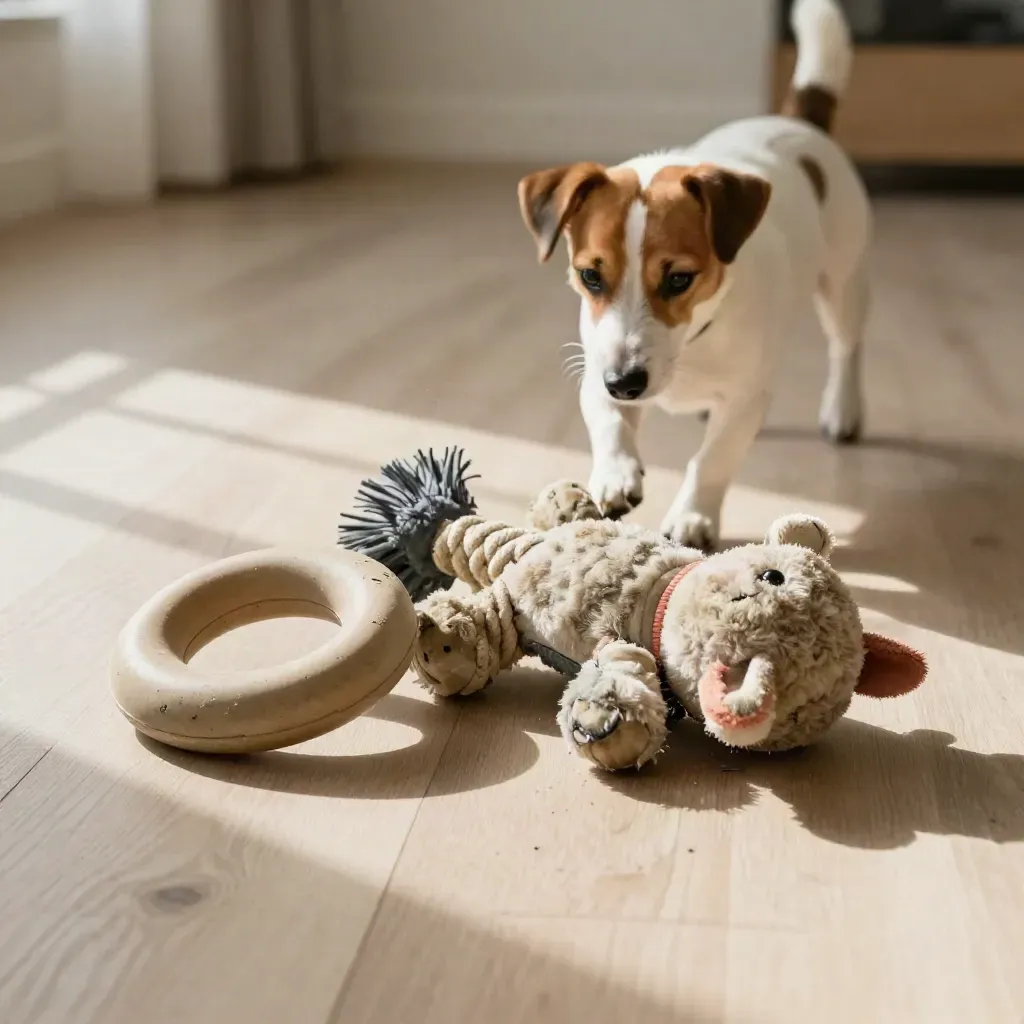 Hund vor drei gebrauchten Spielzeugen auf hellem Holzboden, warmes Nachmittagslicht.