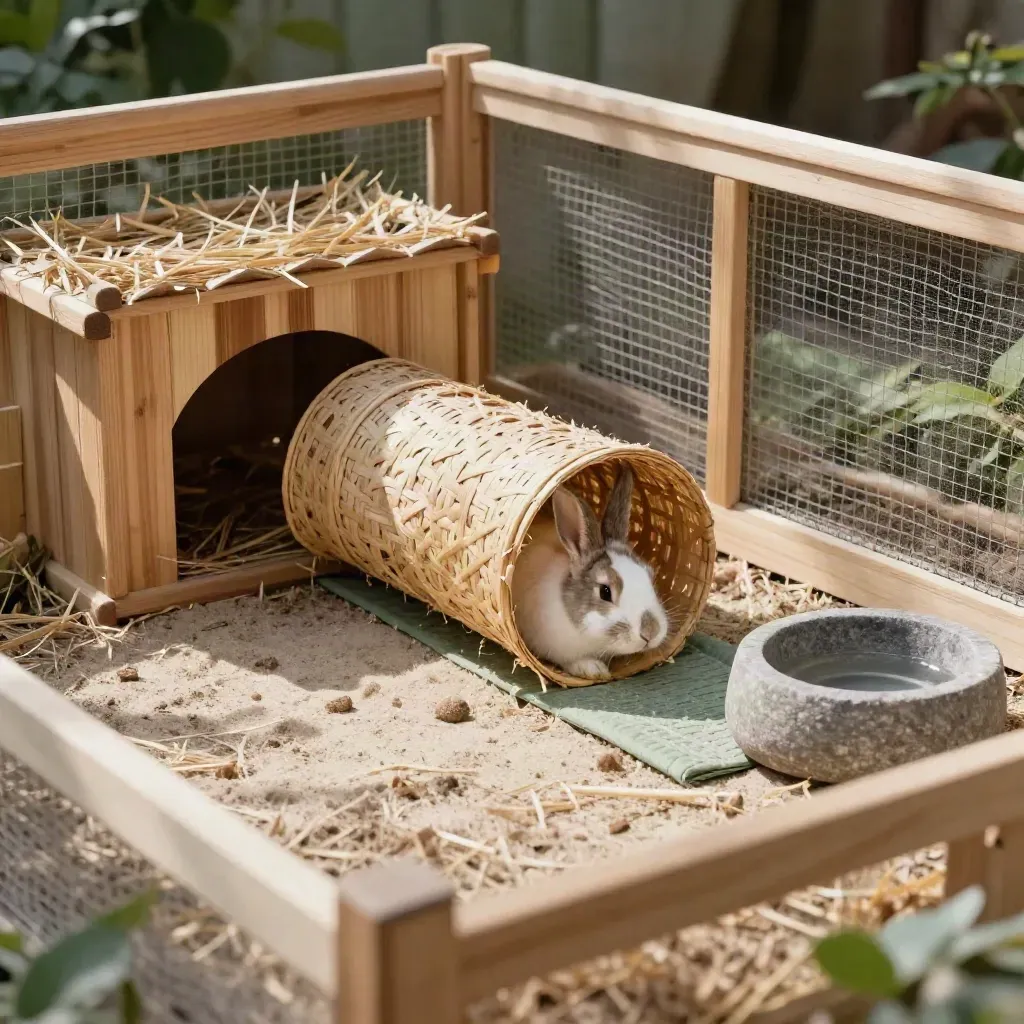 Kaninchen springt aus Tunnel im hellen Gehege mit Holzhaus und Wasserschale.