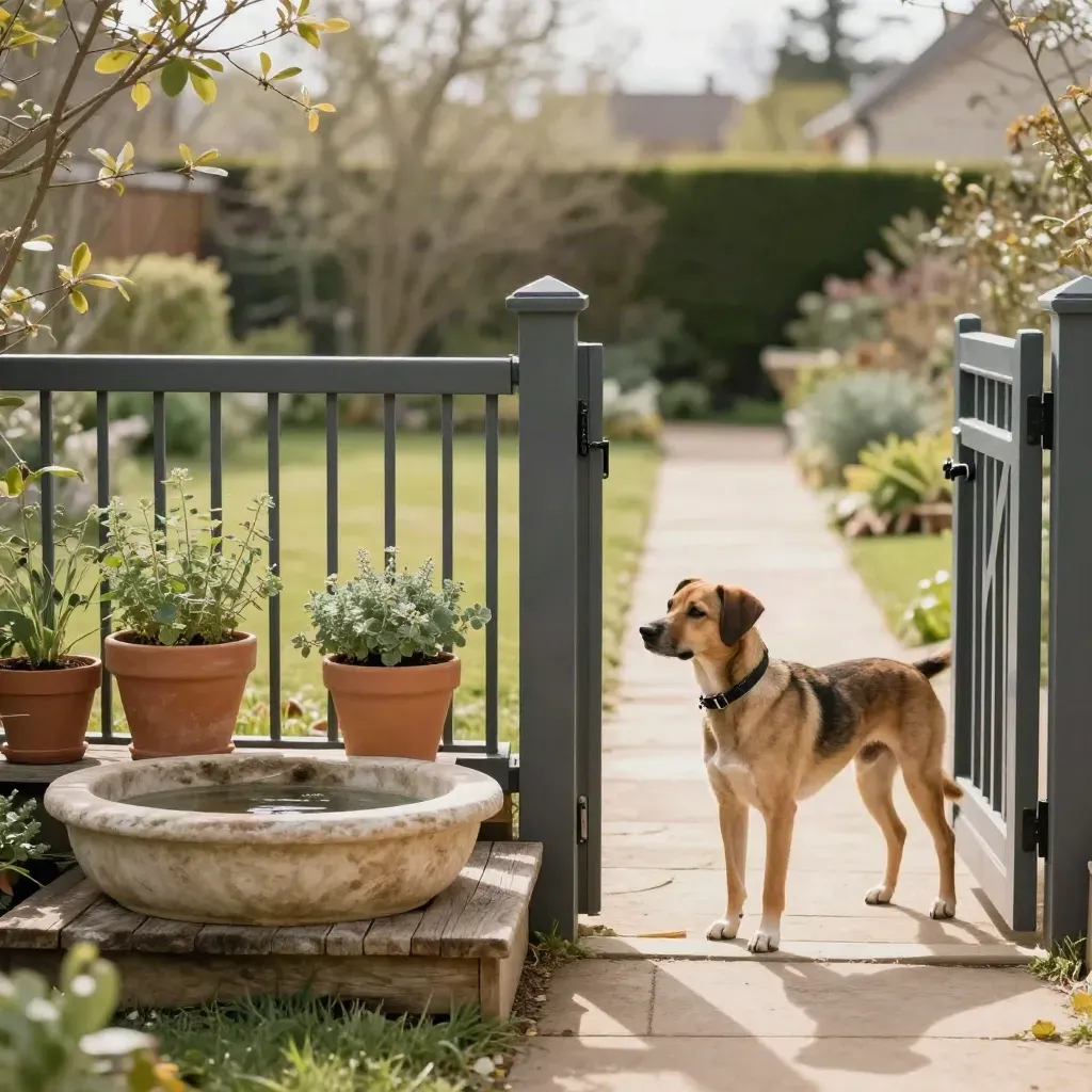 Hund am Gartenweg neben Wasserstelle, Pflanzkübeln und geschlossener Gartentür