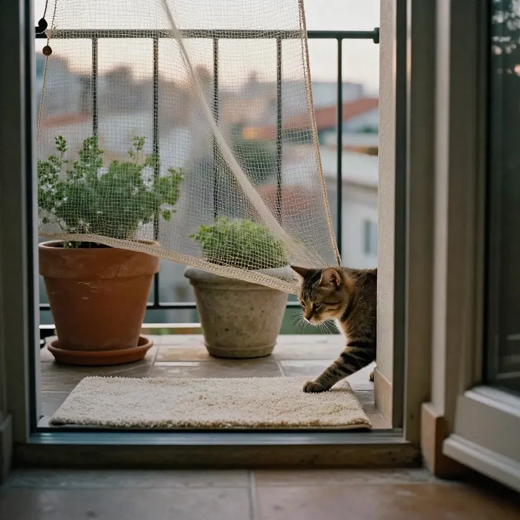 Hauskatze auf sicherem Balkon mit Netz und Pflanzkübeln am warmen Sommerabend