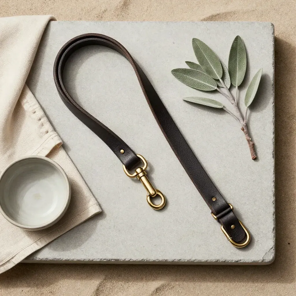 Hundeleine aus Leder mit Messingkarabiner, Tuch, Napf und Zweig auf heller Steinfläche.
