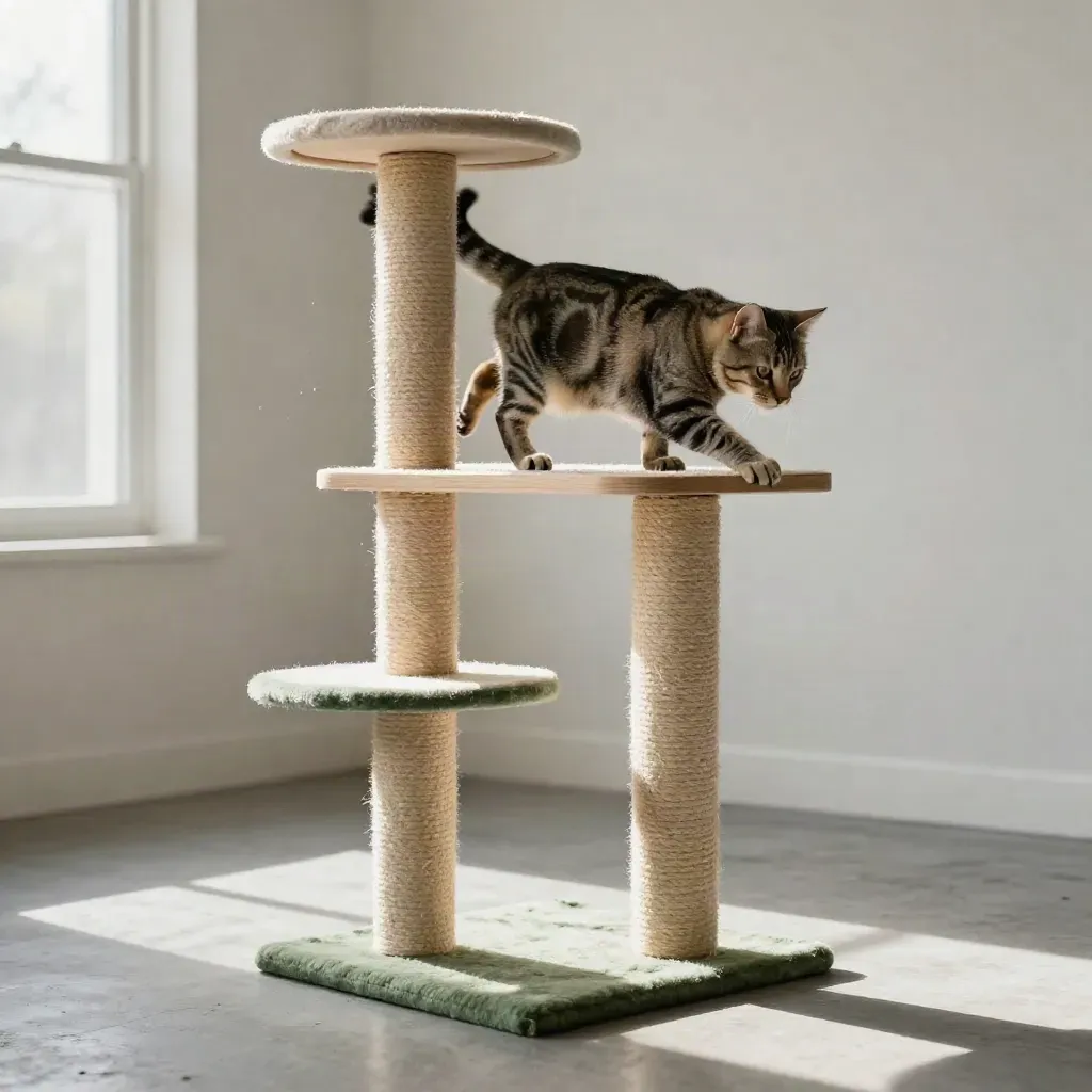 Katzen springt auf einen hohen Sisalkratzbaum neben einem kleinen Testpfosten im hellen Zimmer.