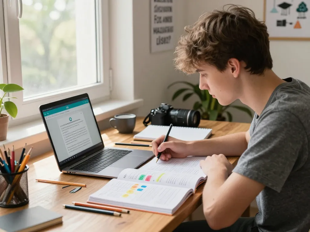 Student, der eine App zur Hausaufgabenhilfe nutzt, um in einem gemütlichen Arbeitszimmer Hausaufgaben zu lösen.