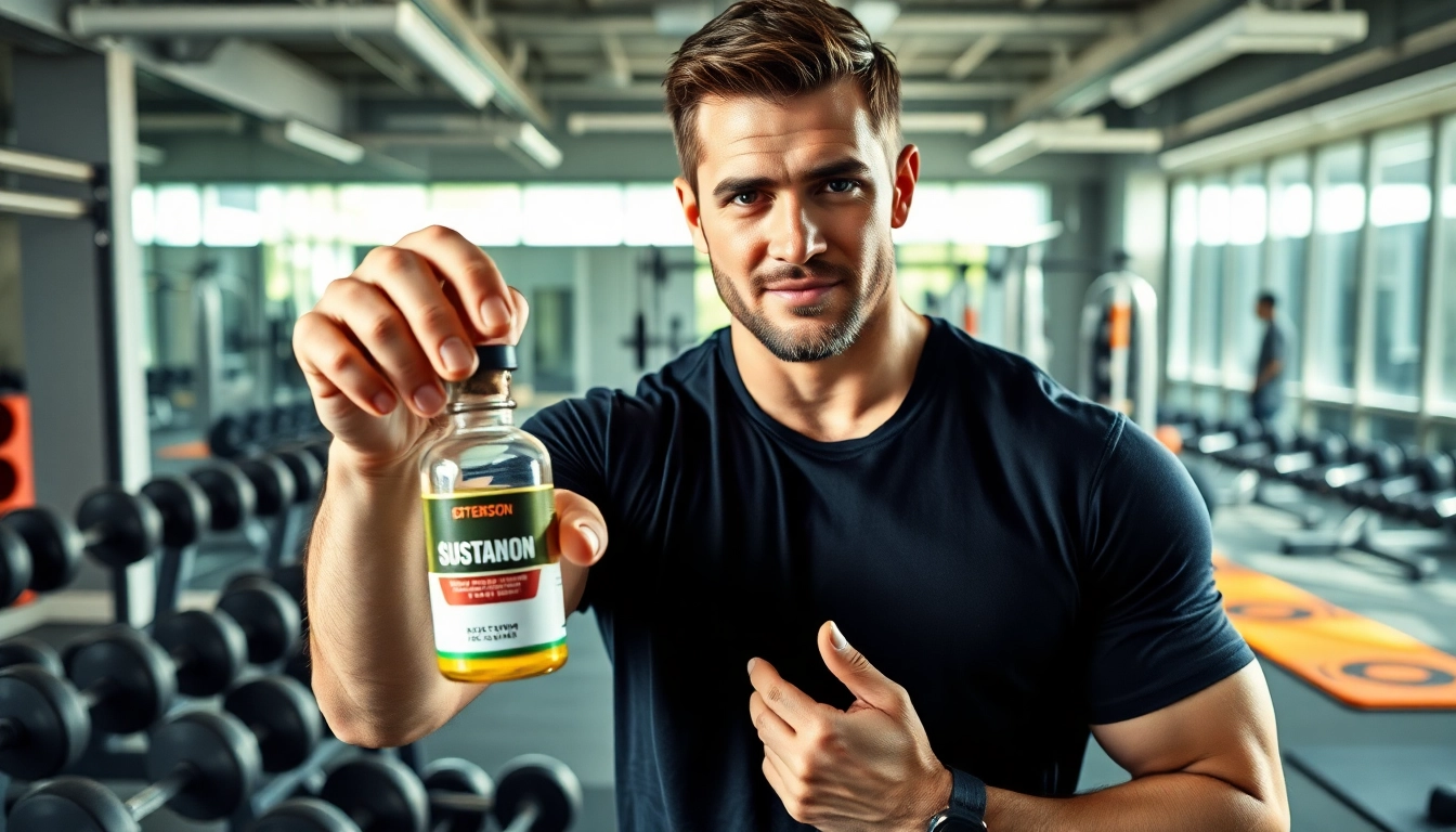 Sustanon kaufen in einer modernen Fitnessumgebung, präsentiert von einem Fitnesscoach, voller Energie und Engagement.