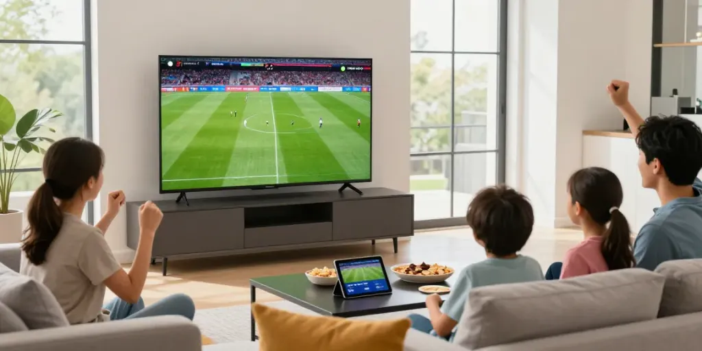 IPTV Test showing a family enjoying live football streaming in a modern living room.