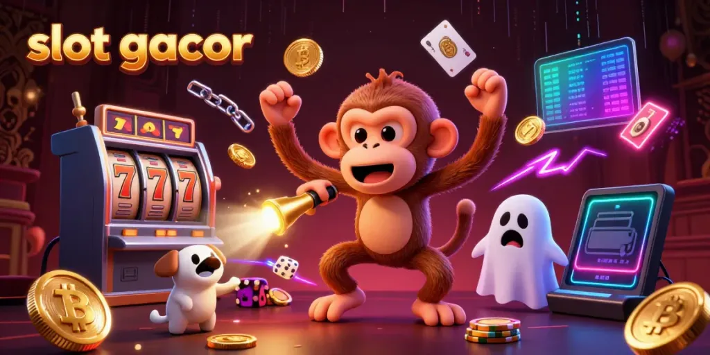 Engage in the thrill of slot gacor winning as a playful poltergeist monkey juggles golden rewards in a haunted casino.