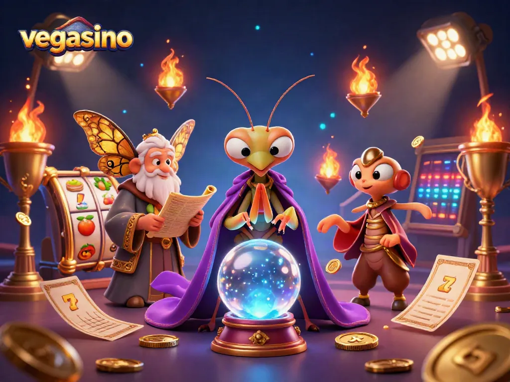 Engage with vegasino's vibrant casino world through a mystical illustration filled with slot reels and fortune tellers.