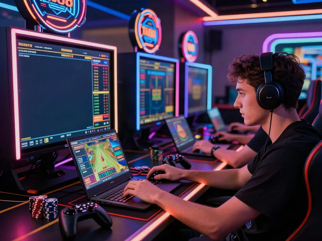 Engaged player using TA88 platform on a vibrant gaming laptop, highlighting online gambling excitement.