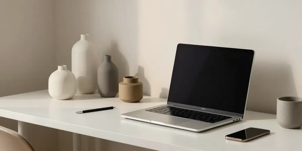 Wohndekoration Deutschland mit modernen Designvase und digitaler Plattform für Wohnideen und Softwarelösungen.