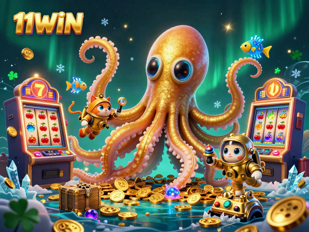 Engage with the thrilling world of 11WIN in this vivid 3D scene filled with casino slot action and adventure.
