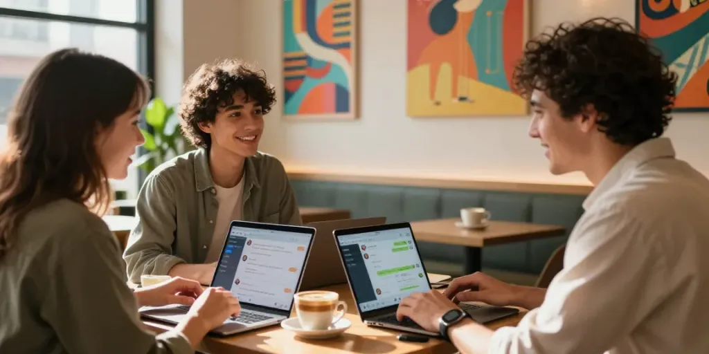 Friends enjoying spicy AI chat over coffee in a trendy café.