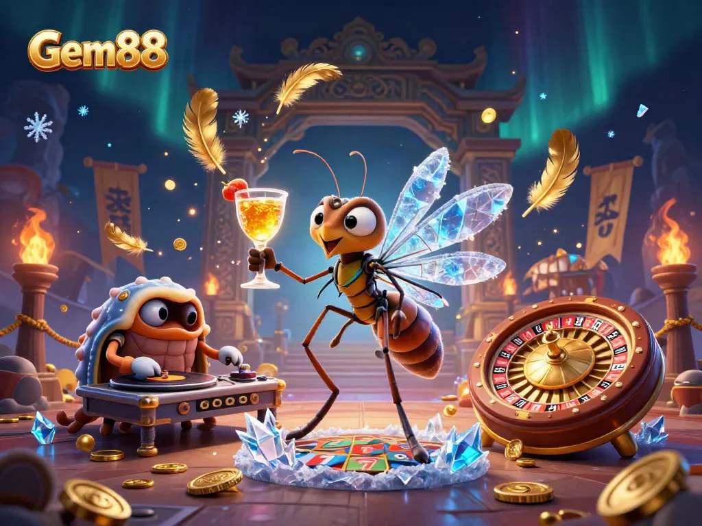Experience the vibrant casino atmosphere with Gem88, featuring a unique golden roulette wheel and animated characters.