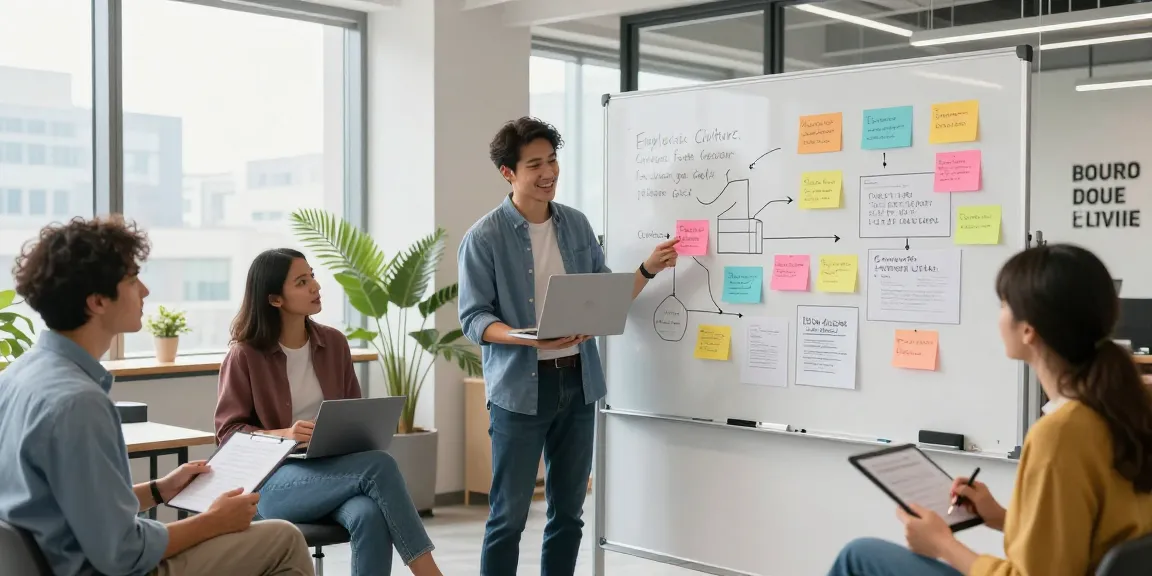 Bewertung der Arbeitskultur in einem modernen Büro mit einem Team, das zusammenarbeitet und Feedback austauscht.