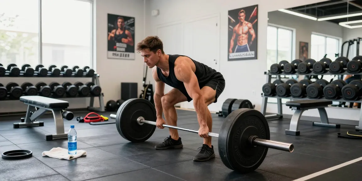Fitness-Szene im Selliza Shop mit einem athletischen Bodybuilder beim Deadlifting in einem modernen Fitnessstudio.
