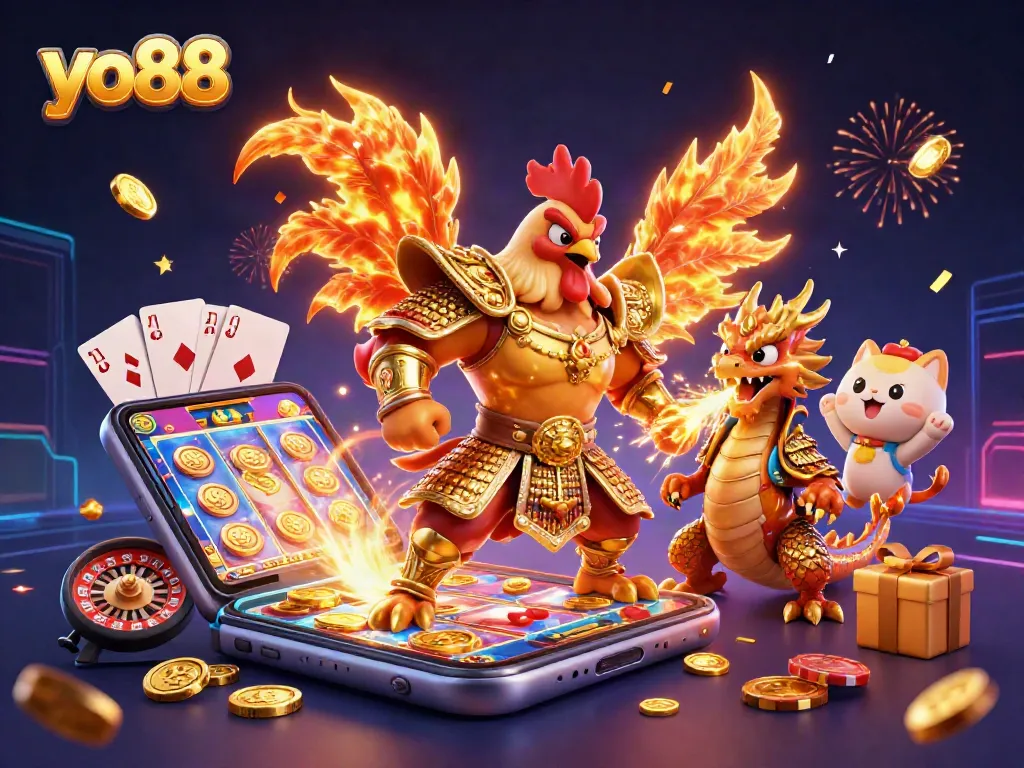 Engage with yo88’s thrilling gaming world featuring a rooster warrior and dragon in an action-filled casino scene.