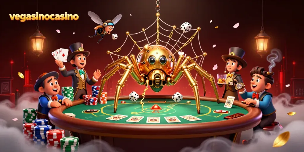 Engage with vegasinocasino's sparkling casino atmosphere featuring a golden spider and Victorian fly.