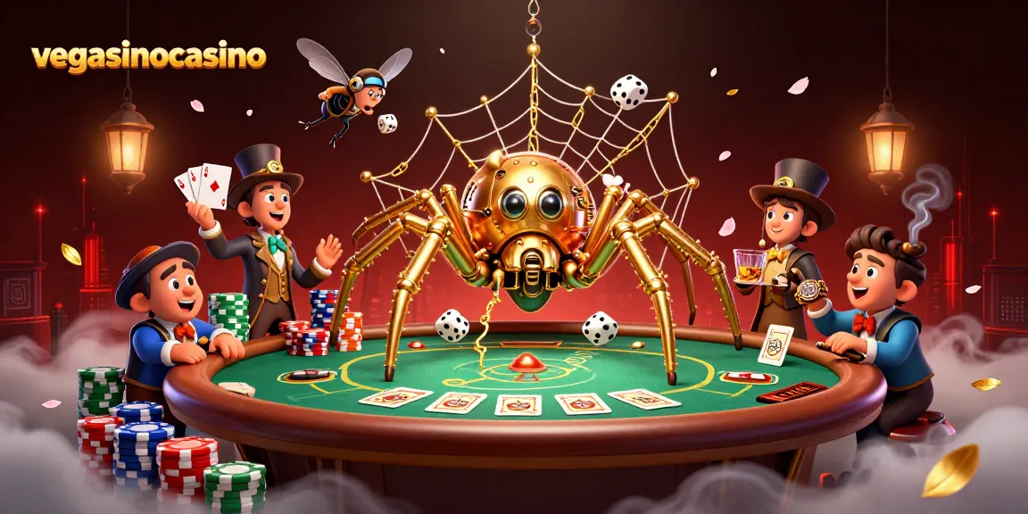 Engage with vegasinocasino's sparkling casino atmosphere featuring a golden spider and Victorian fly.