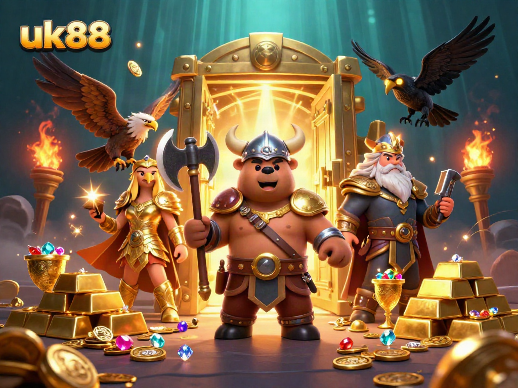 Experience thrilling wins at UK88, with a Viking bear and eagle surrounded by treasure in this immersive casino illustration.