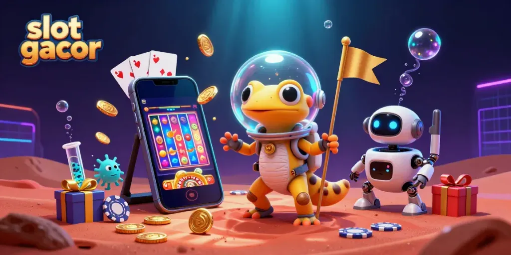 Experience thrilling slot gacor action with a Martian gecko uncovering treasure in a vibrant casino.