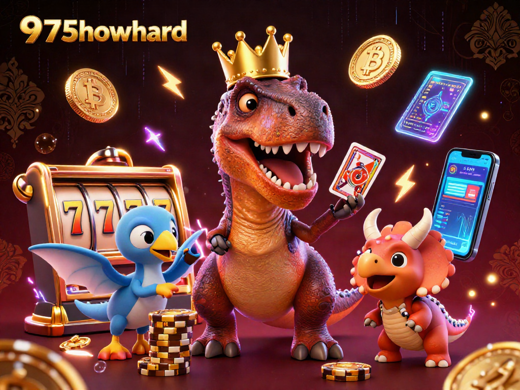 Experience thrilling gaming adventures at 975howard with playful dinosaurs and vibrant casino elements.