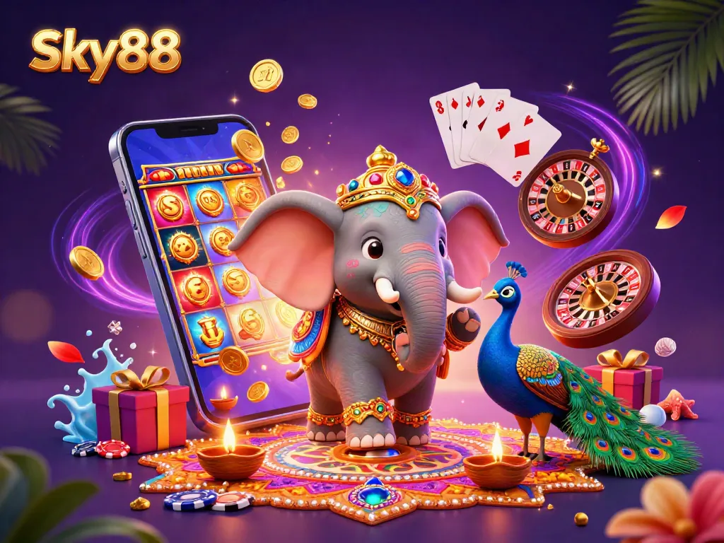 Experience thrilling wins with Sky88's vibrant 3D casino illustration showcasing dynamic game elements.