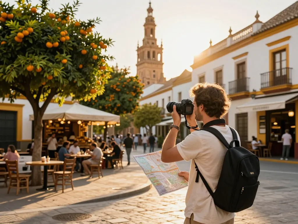 Reisetipps Sevilla - Reisender in Sevilla, der Erinnerungen inmitten historischer Architektur und lebendiger Straßen festhält.