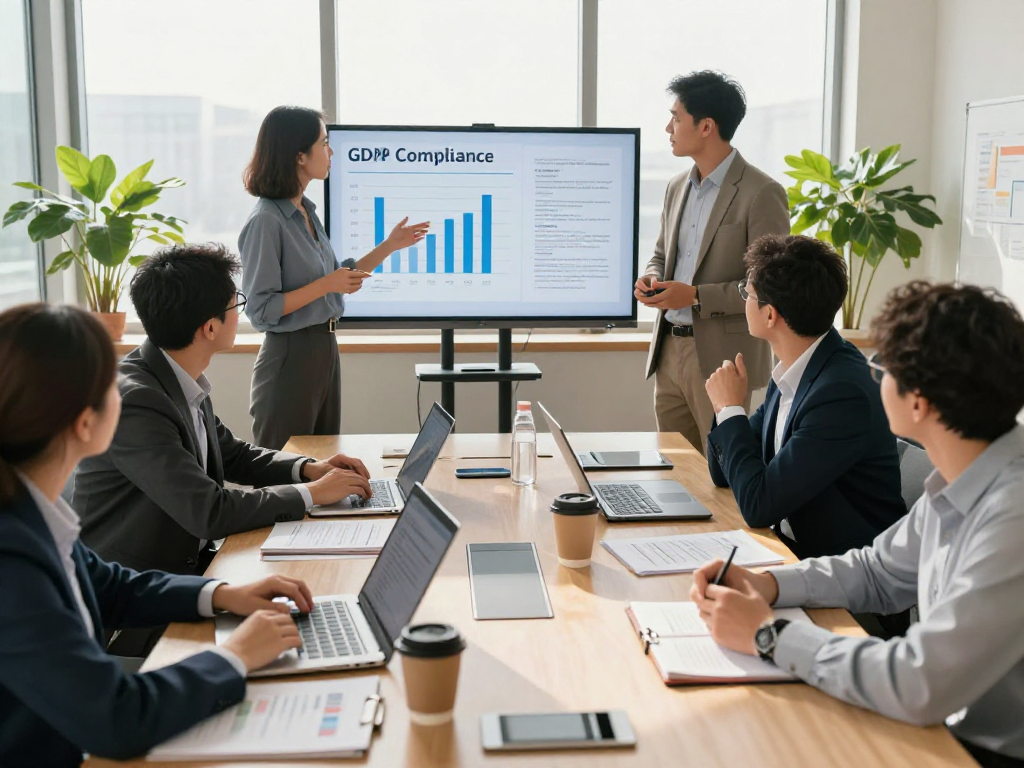 Startseite privacy consulting team collaborating in a modern office setting, discussing GDPR compliance strategies.