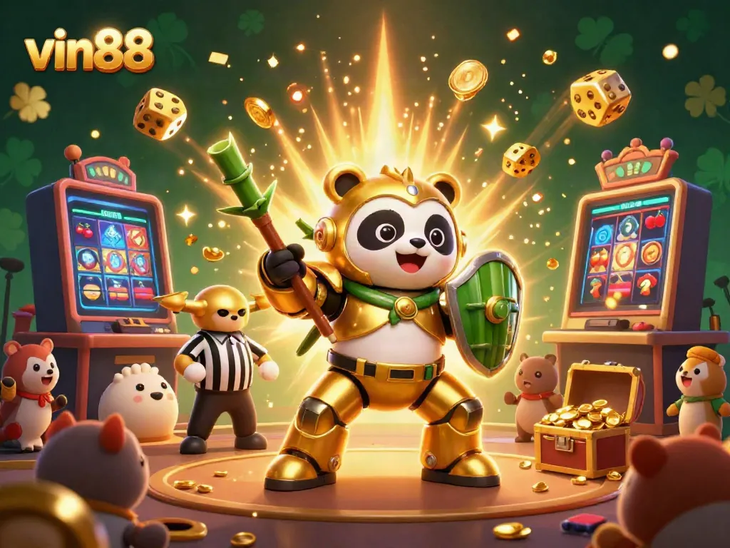 Win big at vin88 with an exciting 3D illustration of an engaging casino scene featuring a mech-suit panda.