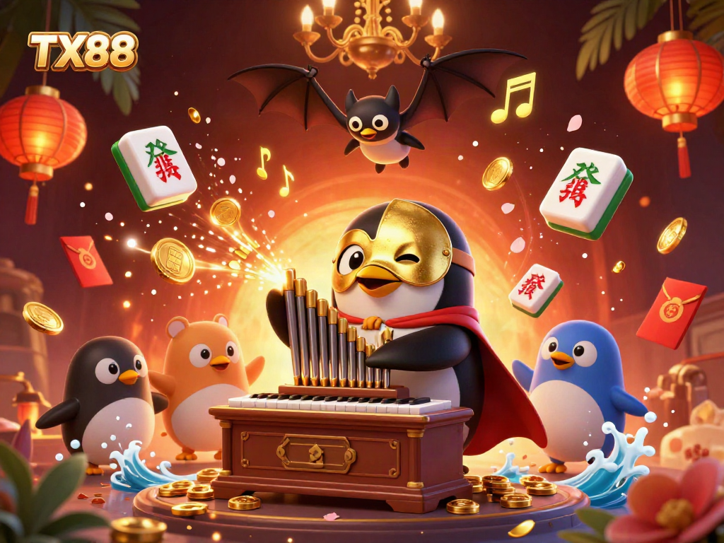 TX88 penguin organ player shooting coins in a vibrant casino-themed illustration.