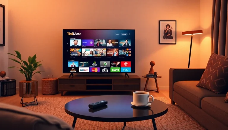 TiviMate auf Fire TV Stick installieren mit einer benutzerfreundlichen Oberfläche auf einem gemütlichen Wohnzimmerfernseher, der lebendige IPTV-Kanäle zeigt.