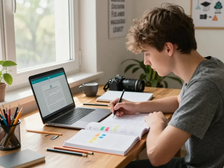 Student, der eine App zur Hausaufgabenhilfe nutzt, um in einem gemütlichen Arbeitszimmer Hausaufgaben zu lösen.