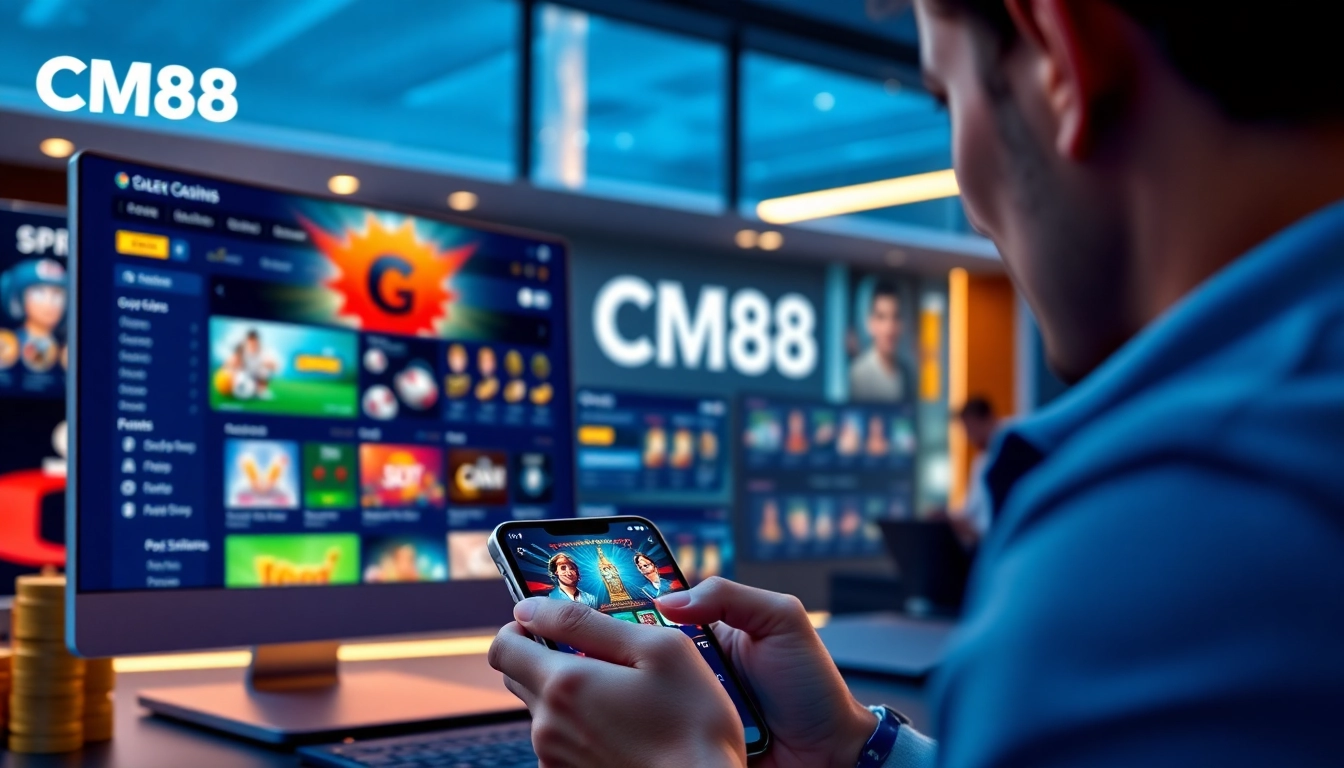 Engaging CM88 online betting interface with a user enjoying mobile gaming experience.