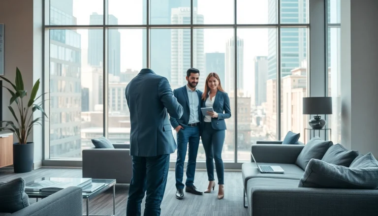 Immobilienmakler Frankfurt Ginnheim berät ein Paar in modernem Büro über Immobilien.