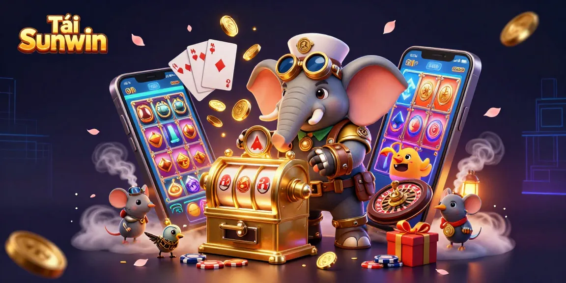 Tải Sunwin, engage in vibrant casino action with the 3D steampunk elephant and game elements in a dynamic scene.