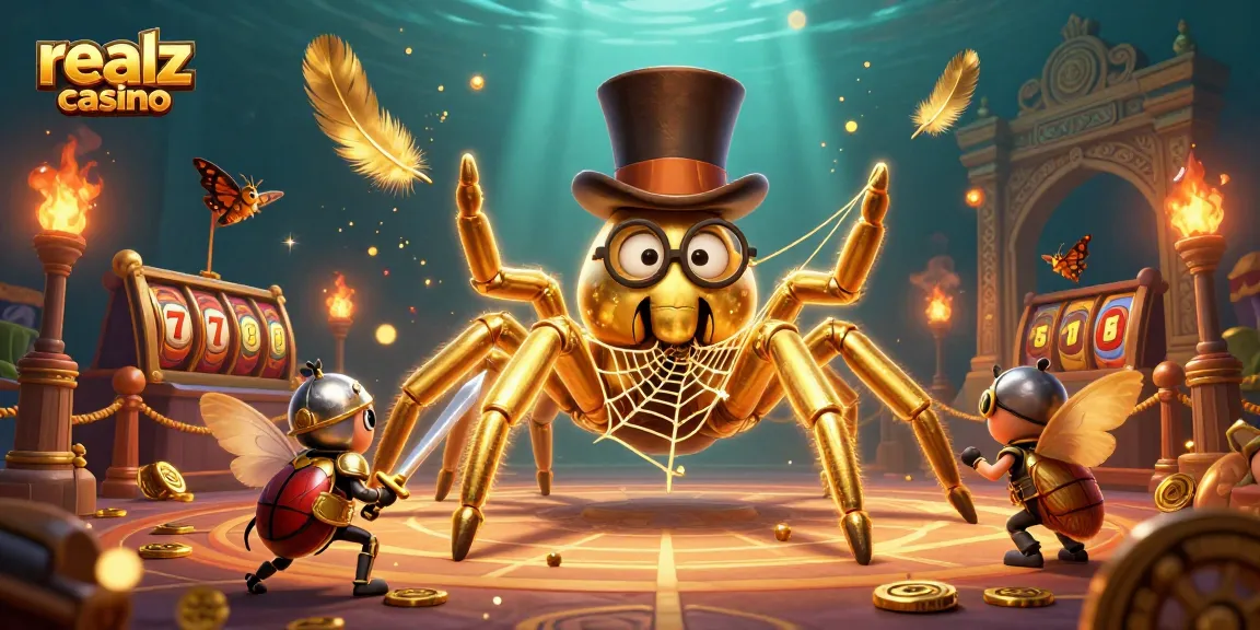 Experience the thrill of realz casino with a lively illustration of a golden tarantula weaving gold threads, immersive game elements, and captivating characters.