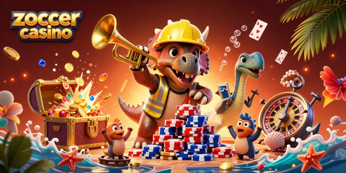 Zoccer casino illustration with a vibrant scene of animated dinosaur characters celebrating a poker chips pyramid.