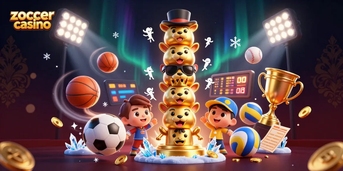 Zoccer casino's thrilling scene, featuring animated totem pole and flying sports balls, showcasing exciting gaming elements.