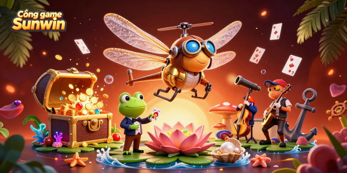 Experience thrilling games at Cổng game Sunwin while a frog croupier deals cards under the sunset glow.