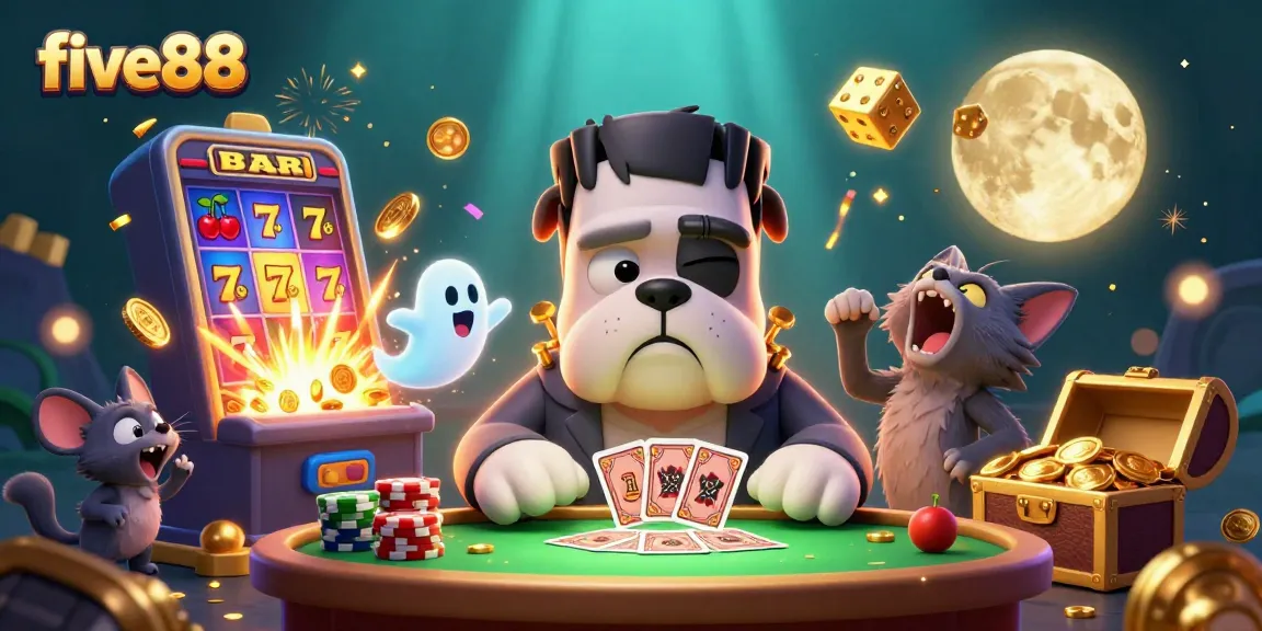 Experience thrilling wins at five88 with a fun scene of a bulldog dealer and golden slot machine.