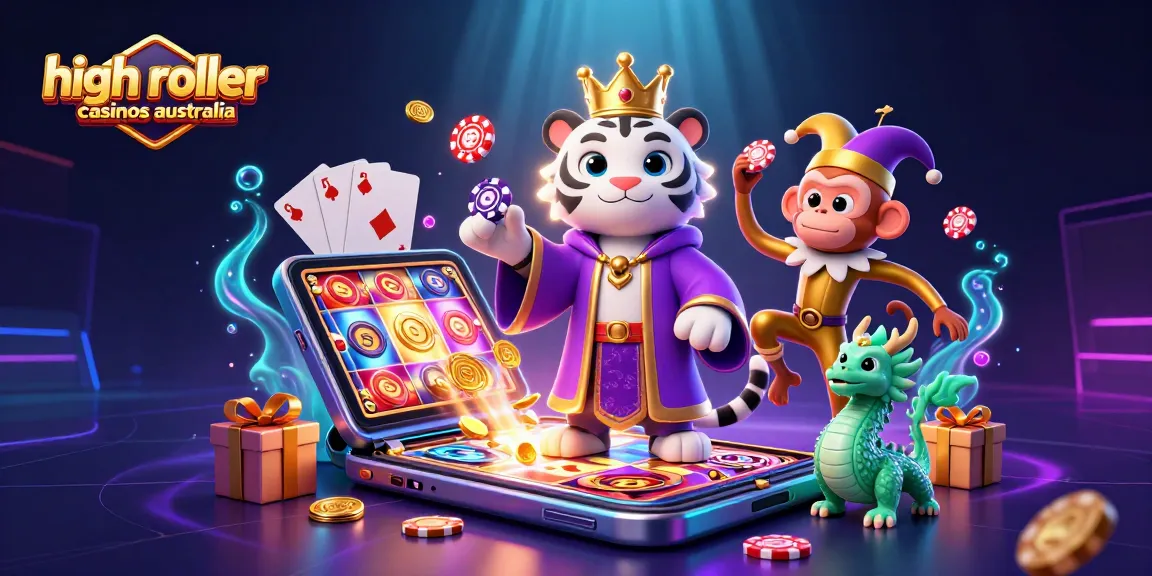 Engage with high roller casinos Australia featuring a vibrant 3D tiger, monkey, and jade dragon amidst lively gaming elements.