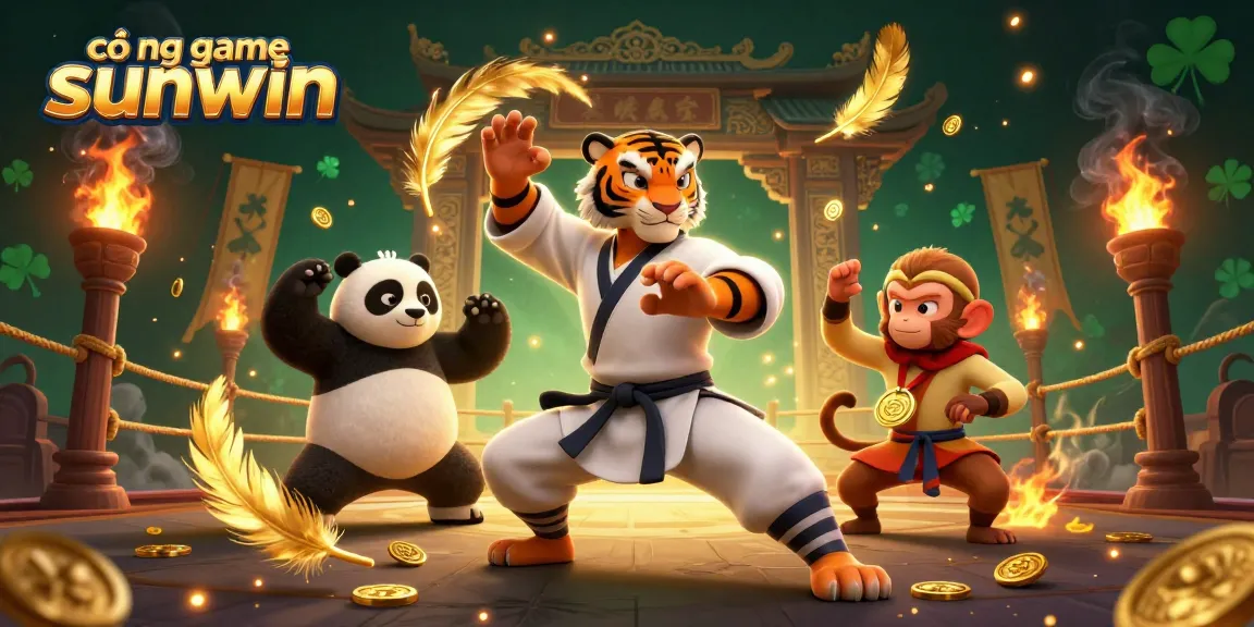 Engage with cổng game sunwin through an exciting casino-themed 3D illustration featuring a kung fu tiger master, a panda disciple, and a monkey student amid golden elements.
