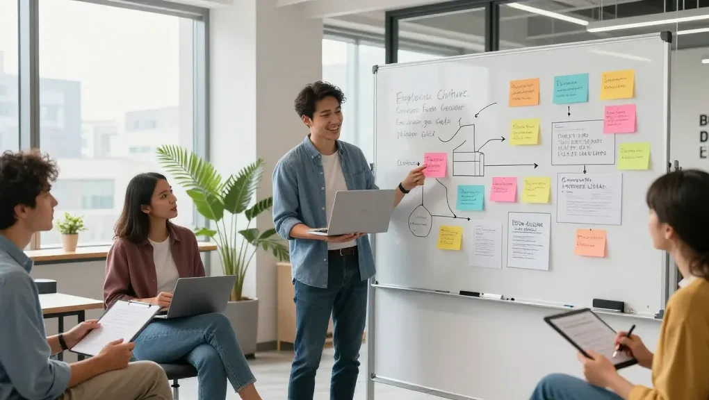Bewertung der Arbeitskultur in einem modernen Büro mit einem Team, das zusammenarbeitet und Feedback austauscht.