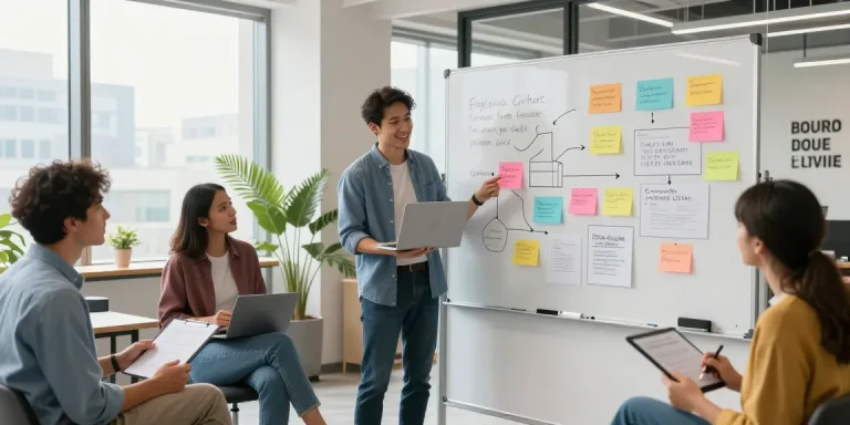 Bewertung der Arbeitskultur in einem modernen Büro mit einem Team, das zusammenarbeitet und Feedback austauscht.