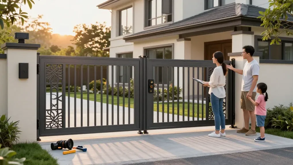 Elegantes Schiebetor bei einem modernen Zuhause mit spielenden Kindern und einem einladenden Garten.